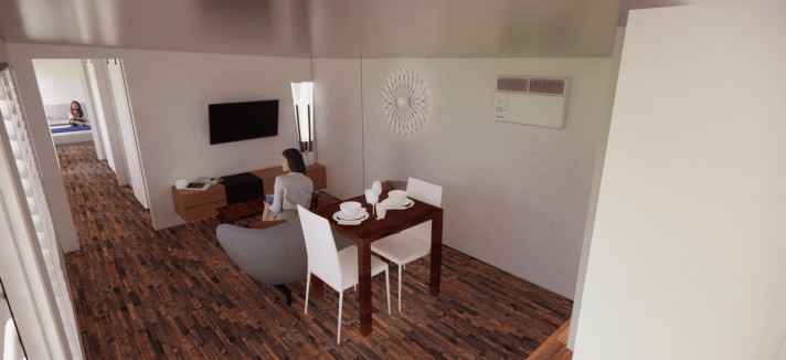 Soggiorno al quale sono stati aggiunti una decorazione e un arredamento virtuale