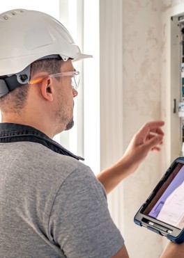 Elettricista lavora su un quadro elettrico con fusibili e utilizza un tablet