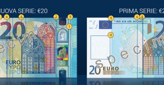 Il nuovo biglietto da 20 euro a confronto con il vecchio