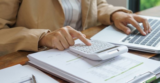 Professionista effettua calcoli di tasse al computer