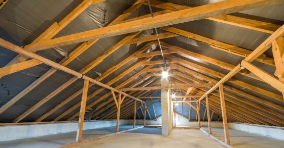 Sottotetto vuoto con travi in ​​legno a vista e tetto spiovente, pulito e luminoso, pronto per la ristrutturazione