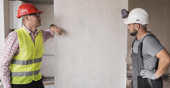Primo piano di tecnici che ispezionano i lavori di un cantiere