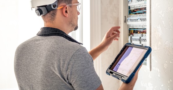 Elettricista lavora su un quadro elettrico con fusibili e utilizza un tablet