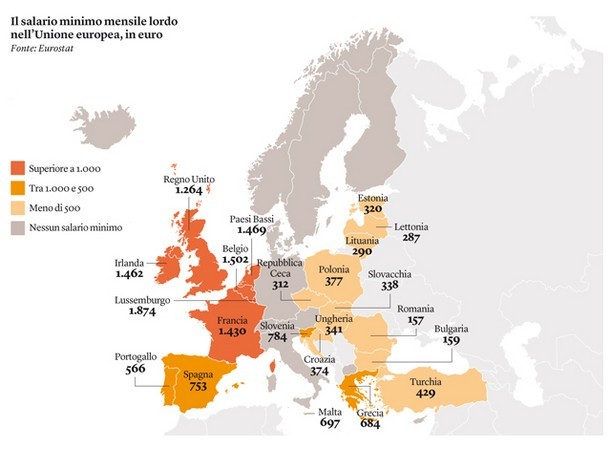 Immagine del giorno: il salario minimo nei paesi dell'unione europea