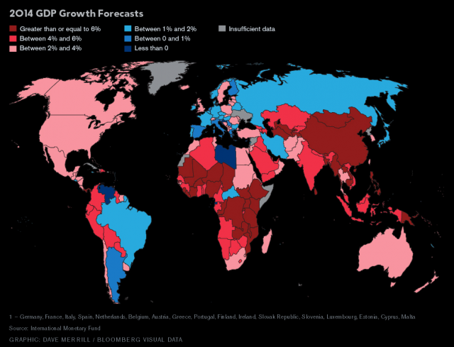 Immagine del giorno: la mappa mondiale della crescita economica nel 2014