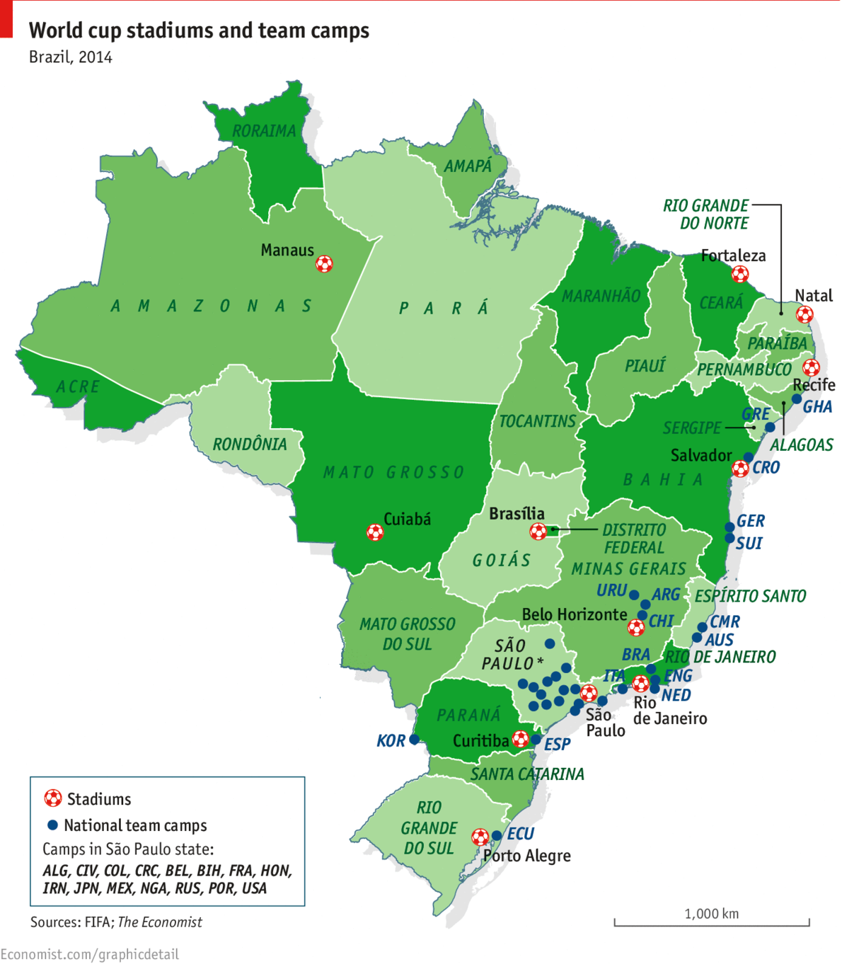 Immagine del giorno: coppa del mondo, mappa delle nazionali e degli stadi in brasile