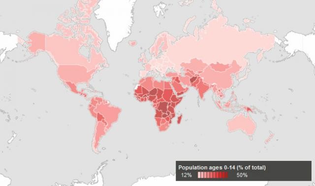 Immagine del giorno, percentuale di popolazione mondiale minore di 14 anni