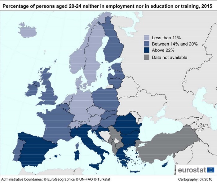 Immagine del giorno: la distribuzione dei giovani tra i 20 e i 24 anni che non studiano e non lavorano