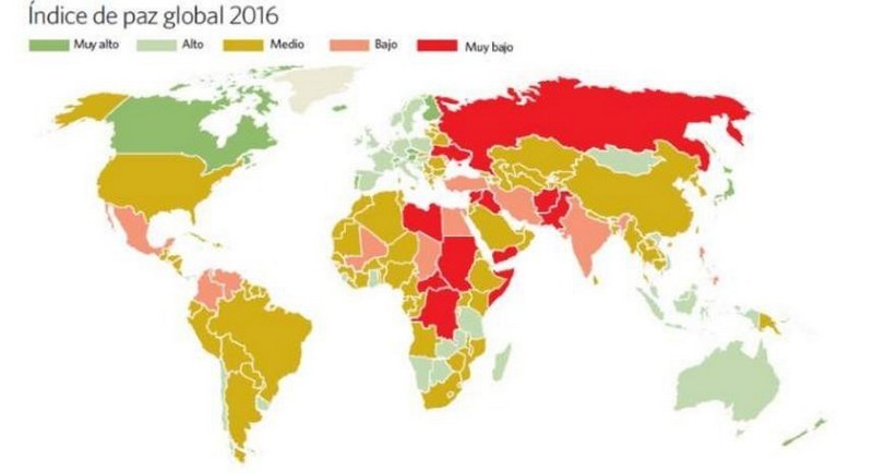 Immagine del giorno: la mappa dei Paesi più e meno pacifici del mondo nel 2016