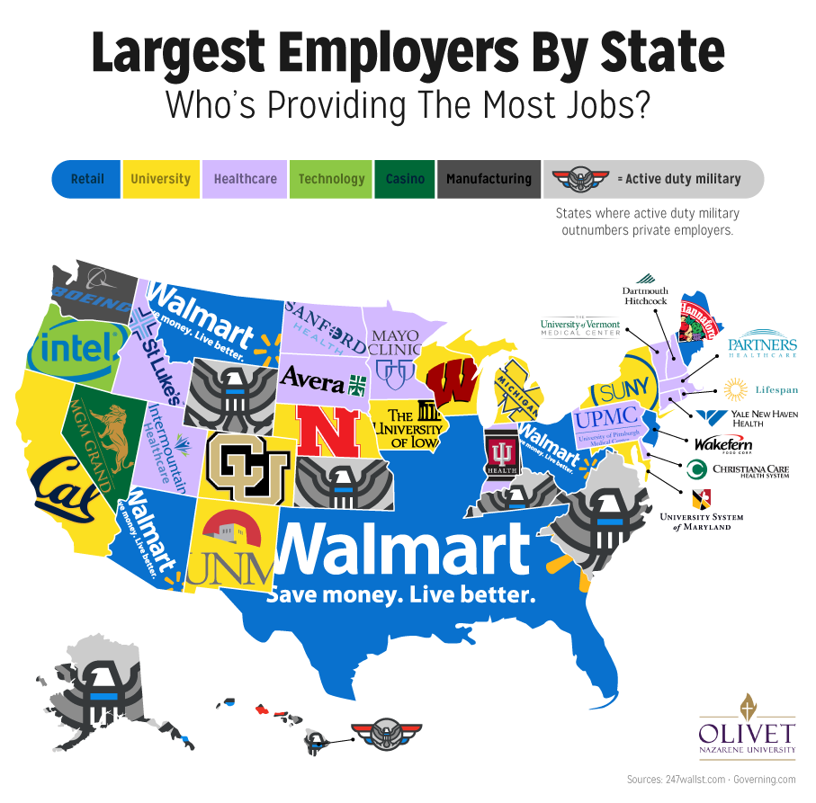 Immagine del giorno: Usa, i maggiori datori di lavoro stato per stato