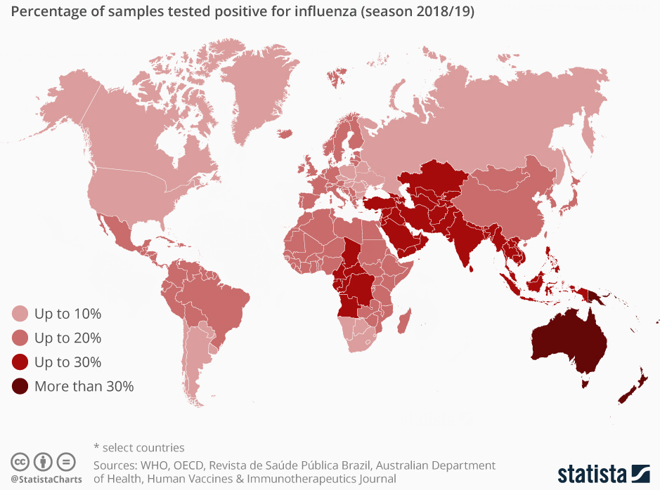 Immagine del giorno: le aree del mondo con più influenzati nel 2018/’19