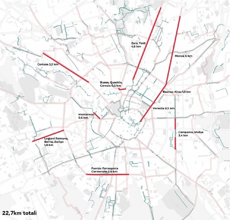 The plan includes almost 23km of cycle lanes / Comune di Milano The plan includes almost 23km of cycle lanes / Comune di Milano