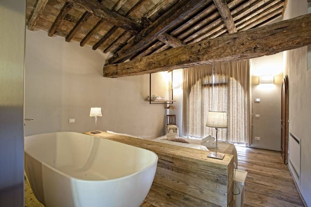 The bedrooms have a rustic / modern vibe