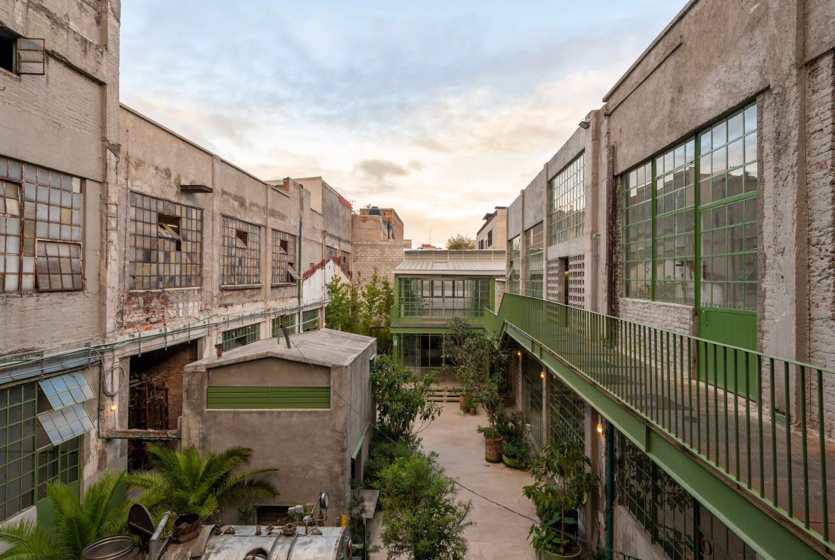 Uno de los dos patios interiores que distribuyen los espacios de oficinas. En él se observa el predominio del verde en estructuras y plantas.