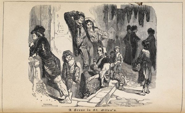 Vecchia cartolina con personaggi del quartiere di St Giles