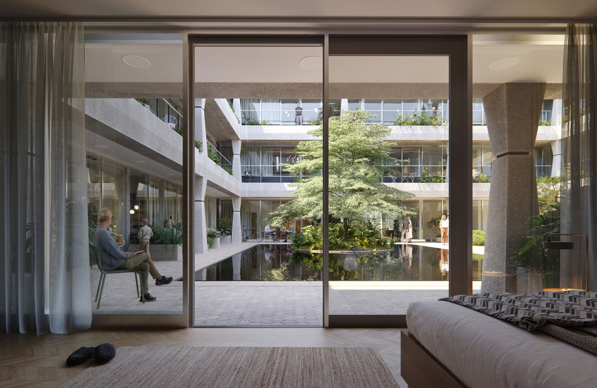 En el edificio de Hayes Park South se recuperará el estanque original con un árbol situado en una isla circular.