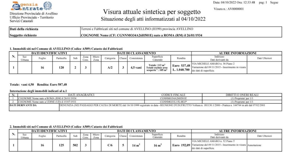 Visura catastale per soggetto
