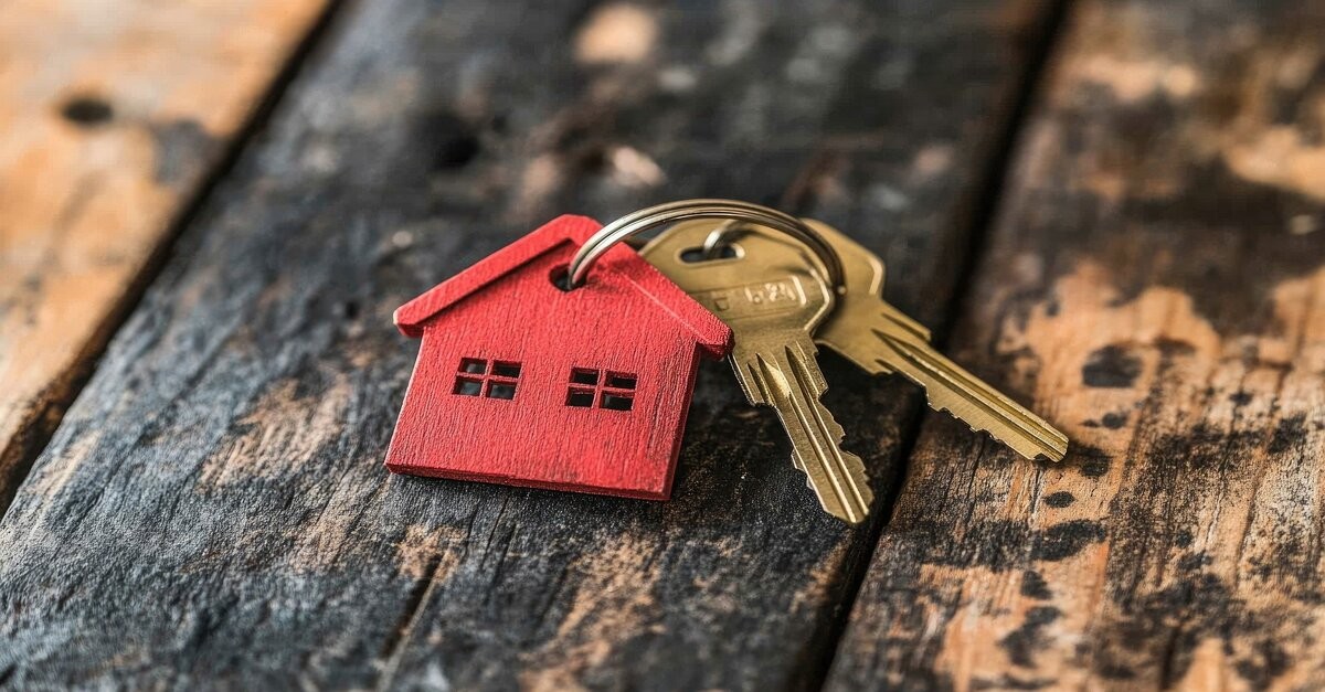 Un portachiavi rosso a forma di casa su di un tavolo di legno Un portachiavi rosso a forma di casa su di un tavolo di legno