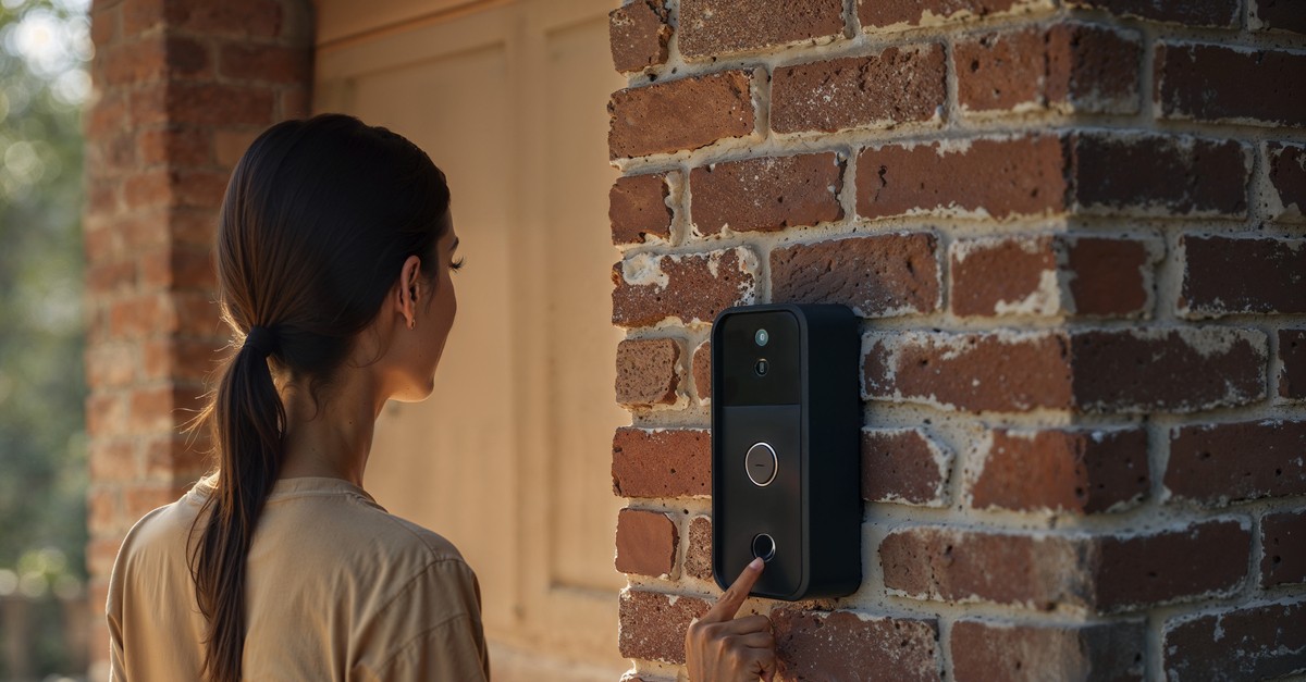 Una ragazza con una t shirt chiara sta suonando ad un citofono nero di uno stabile con mattoni rossi