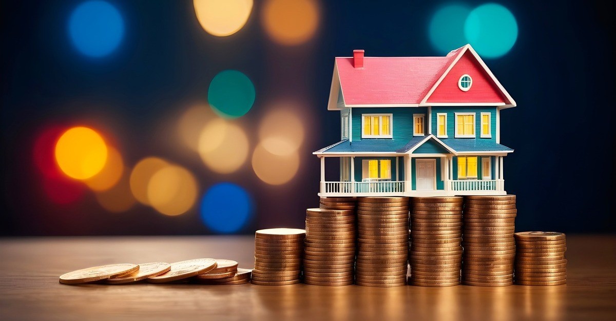 Una casa dal tetto rosso spiovente posta su diverse pile di monete di bronzo