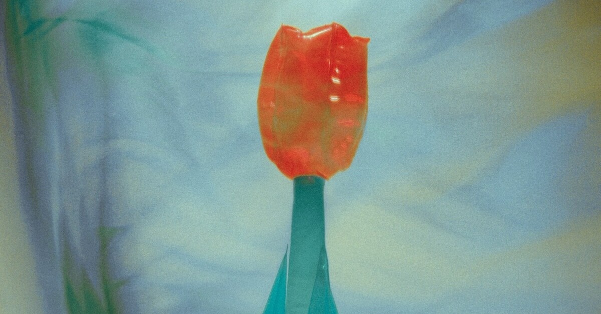 vaso con rosa di plastica