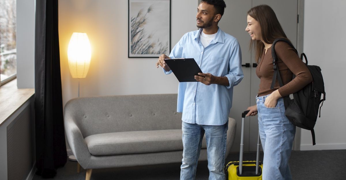 proprietario di casa che parla con una turista