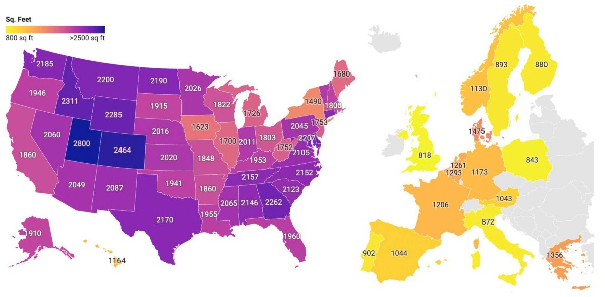 Le dimensioni medie delle case negli Stati Uniti rispetto ai Paesi dell'Europa occidentale