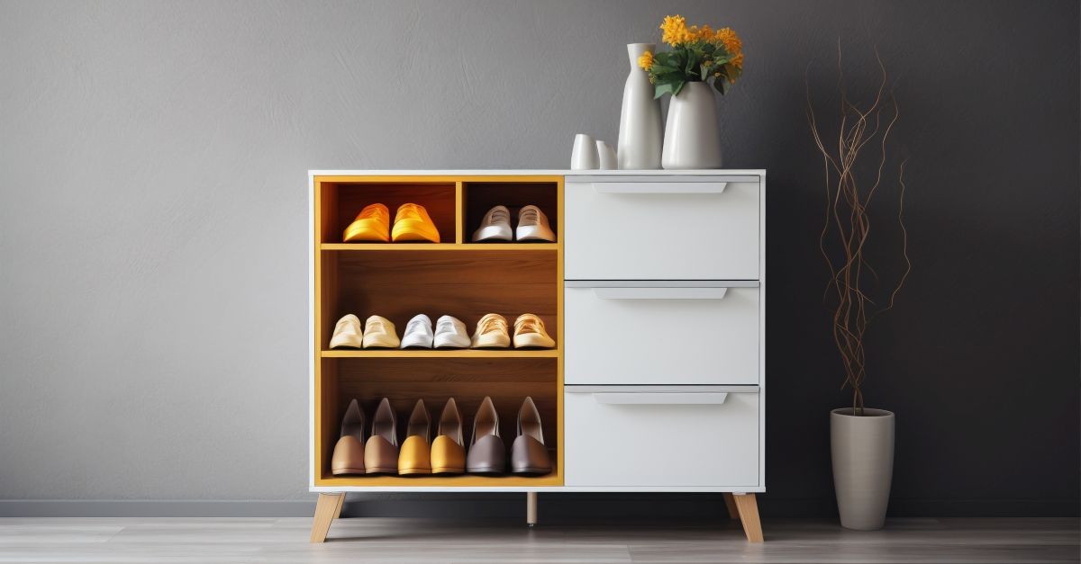 scarpiera con vaso di fiori e piante