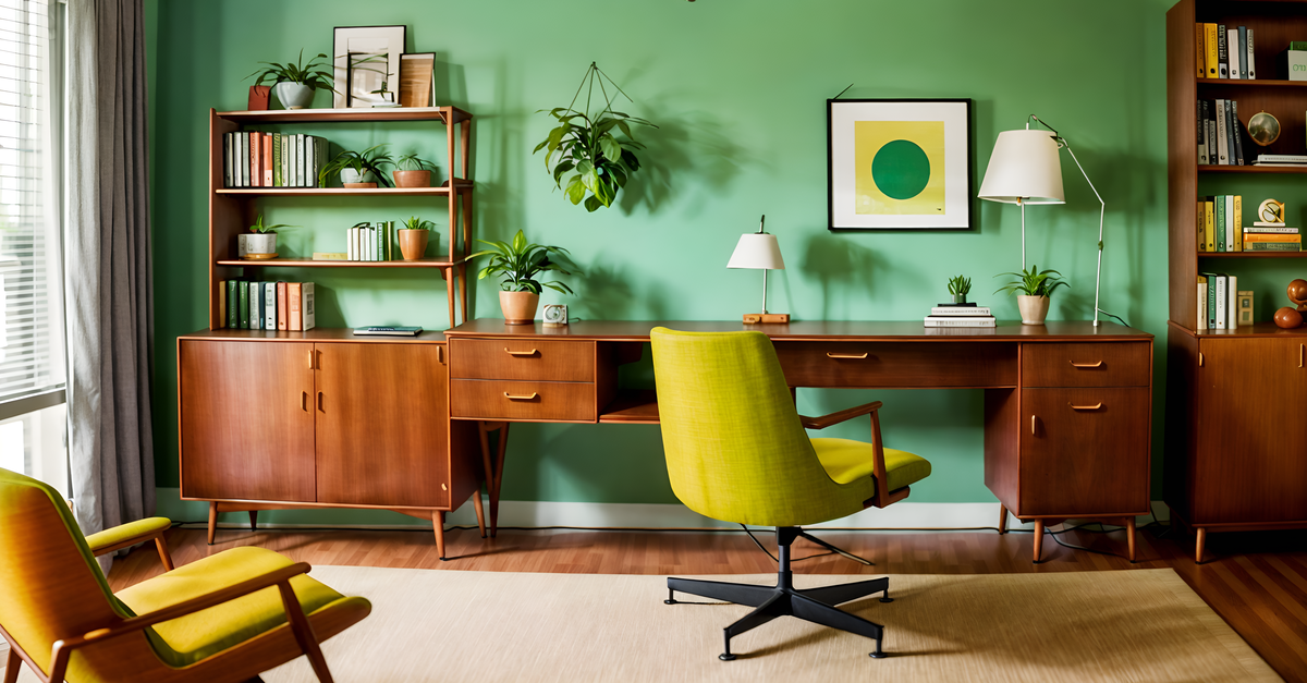 Un salotto in stile mid-century con le pareti verdi Un salotto in stile mid-century con le pareti verdi