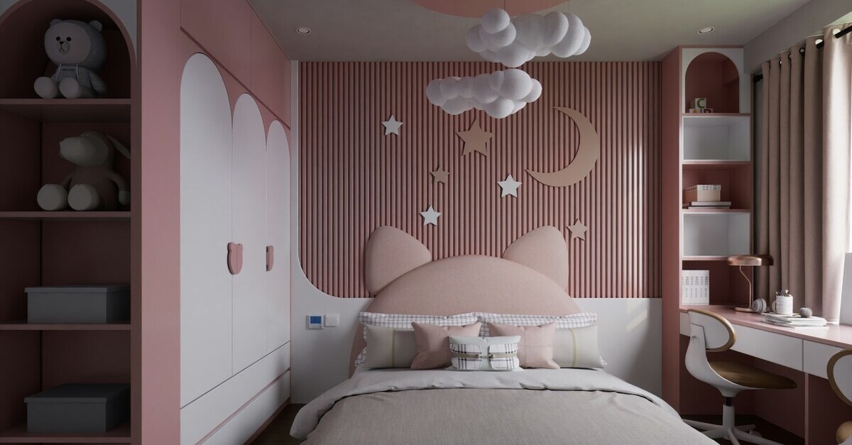 Una cameretta con una testiera realizzata in tessuto imbottito