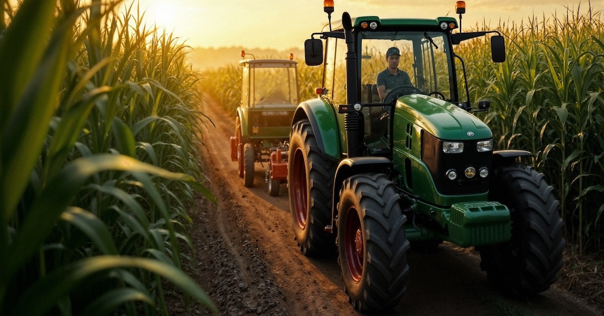 Lavoratore in un campo Trattore che lavora nei campi
