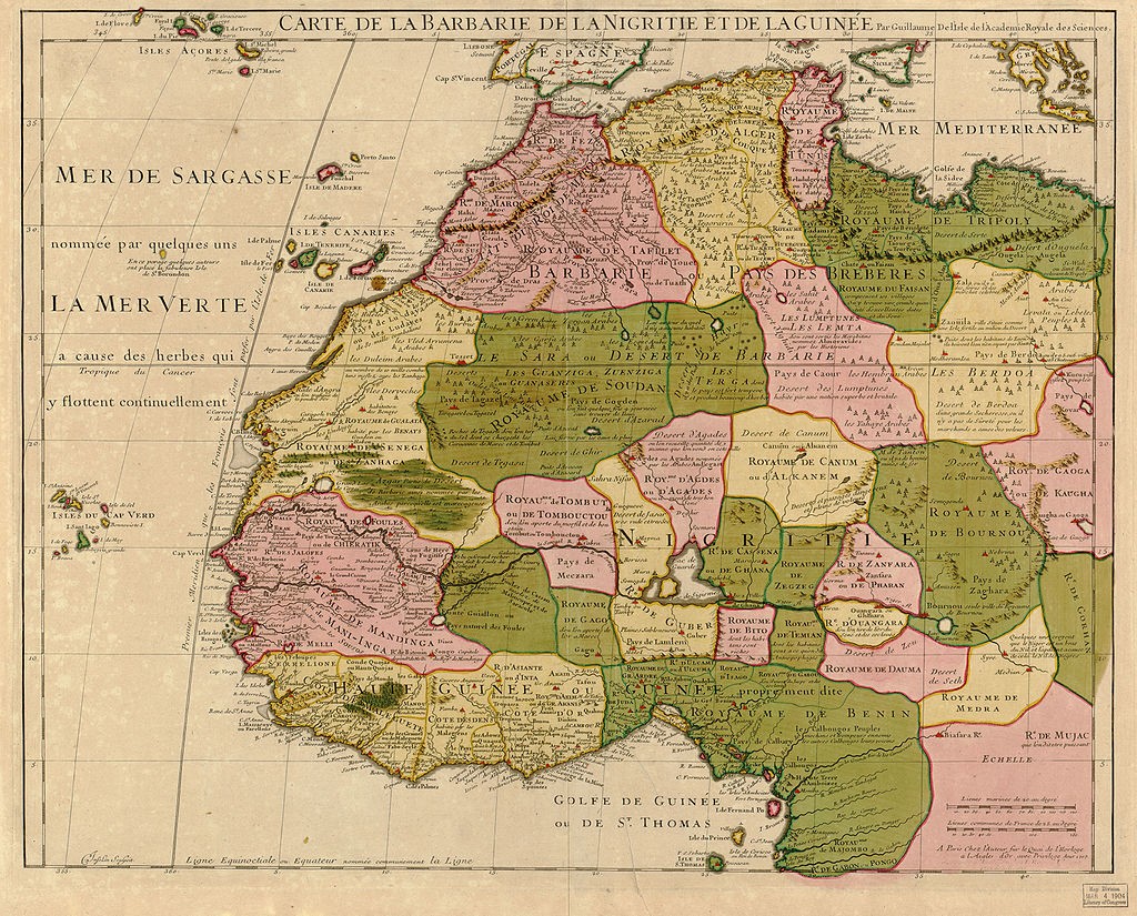 Mapa del norte de África de 1707 de Guillermo Delisle con la isla algo al oeste de Canarias.
