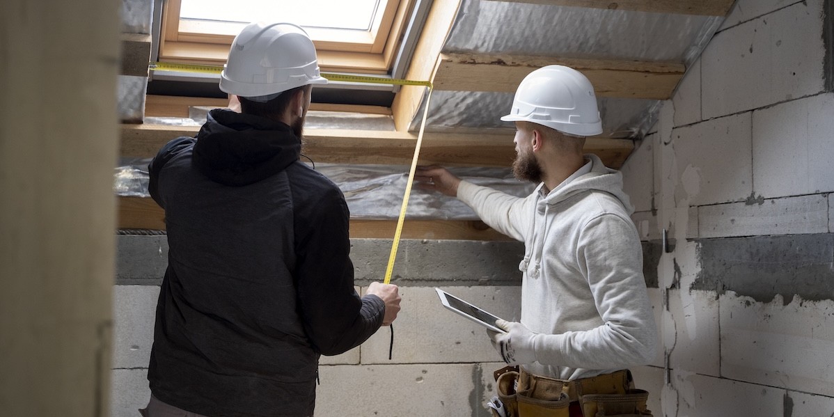 Due operai lavorano alla realizzazione di un cappotto termico