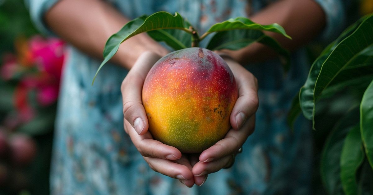 donna che regge frutto di mango in mano