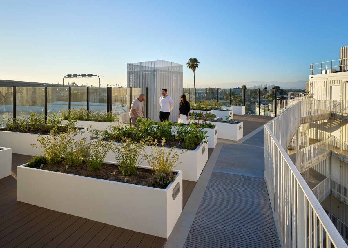 El proyecto incluye granjas en la azotea y huertos comestibles que abastecen mercados locales y fomentan la autosuficiencia alimentaria.