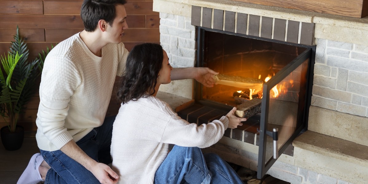Coppia si riscalda davanti a un camino