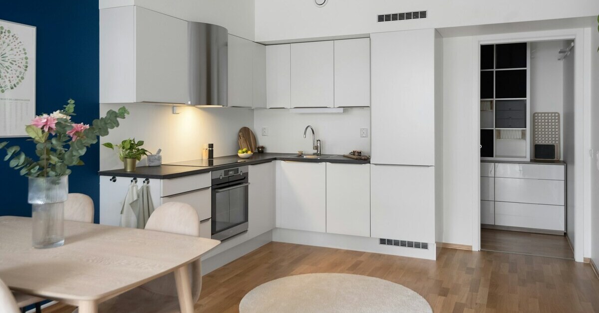 Una cucina bianca con parquet