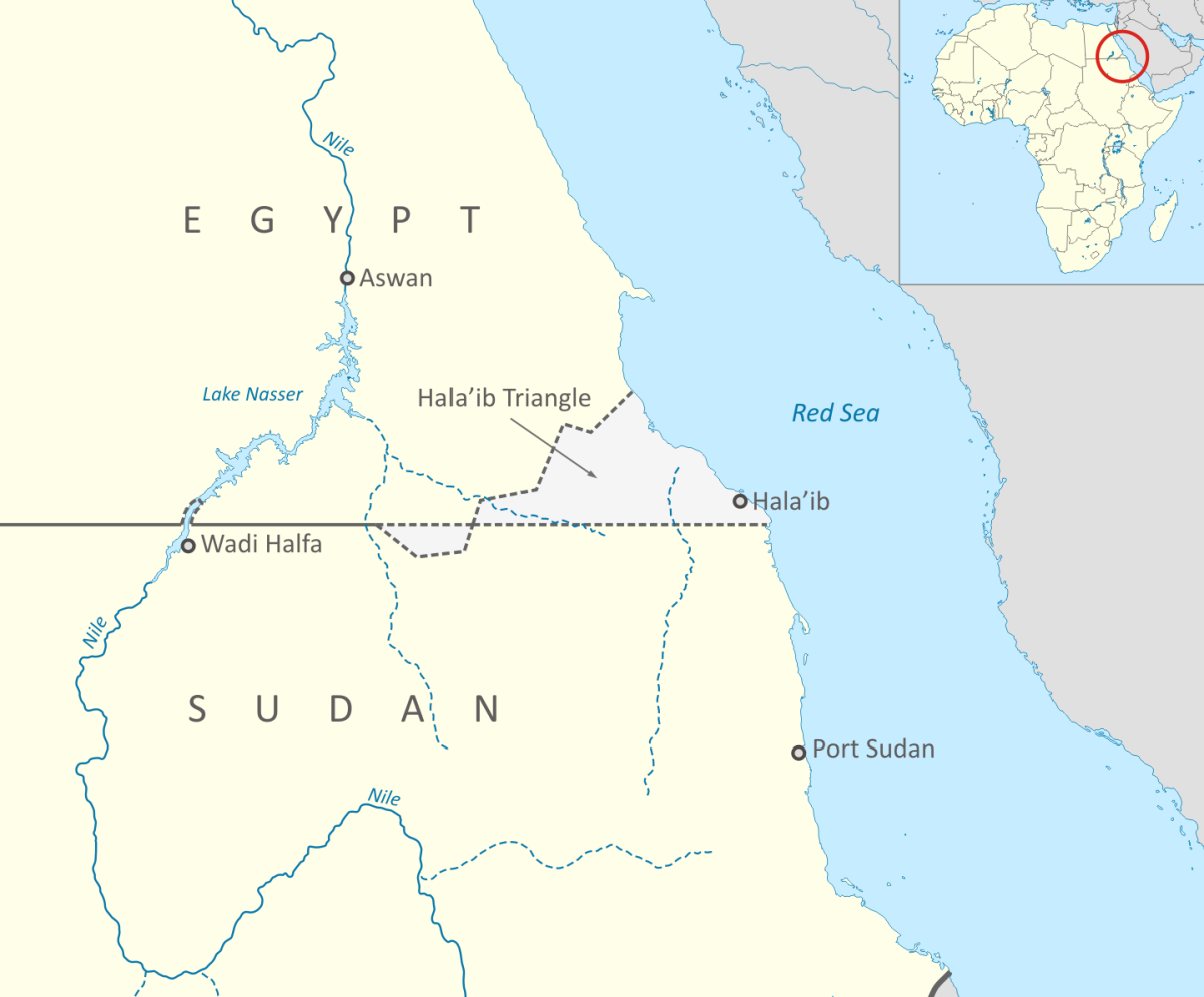 Mappa del confine tra Egitto e Sudan che mostra il triangolo di Hala'ib sulla destra e Bir Tawil al centro