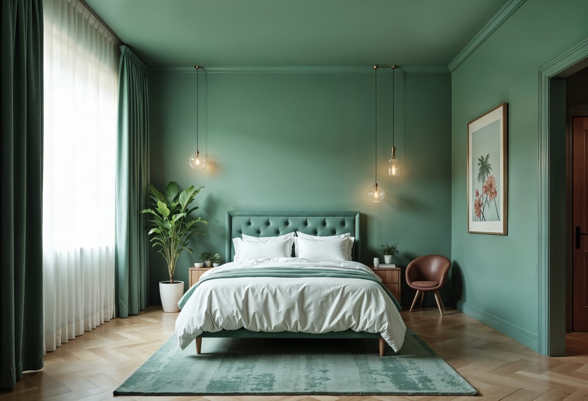 Dormitorio elegante en verde generado por IA