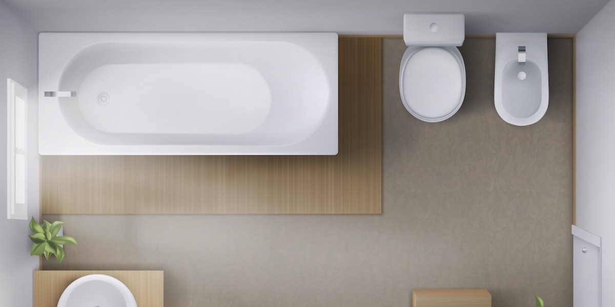 Bagno interno visto dall’alto con vasca, water, bidet, tazza e lavandino in ceramica con specchio