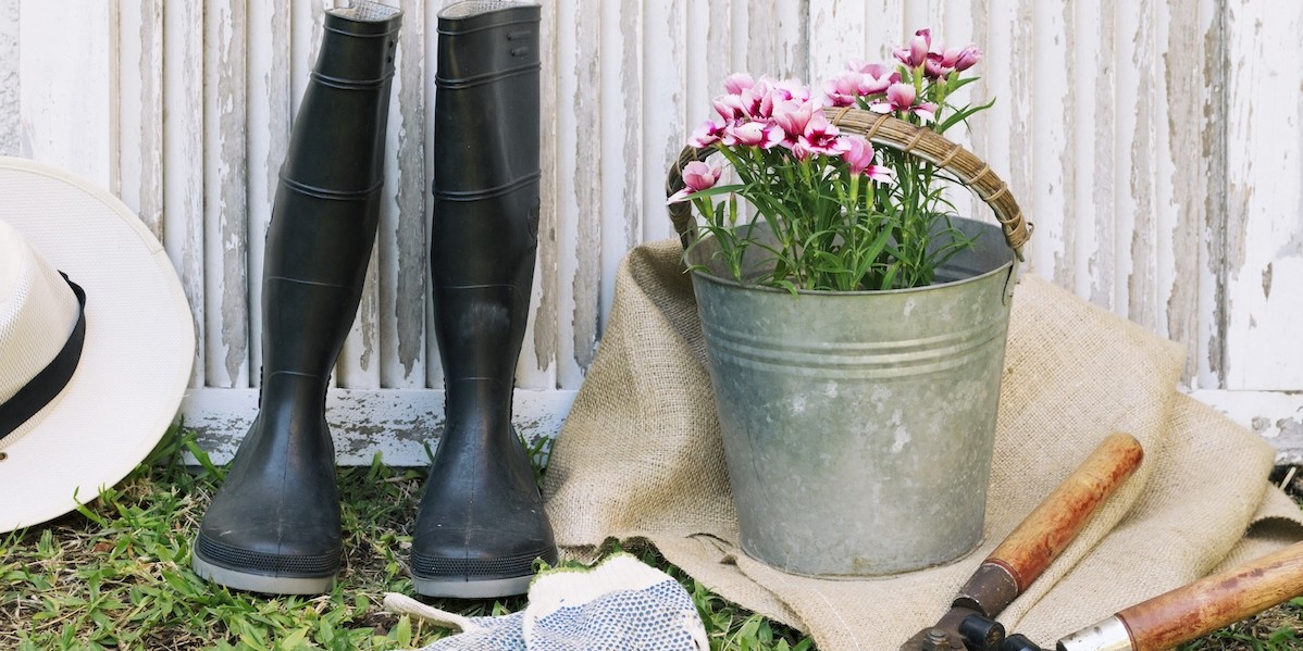 Attrezzi da giardinaggio appoggiati a una parete di legno di un capanno all'aperto