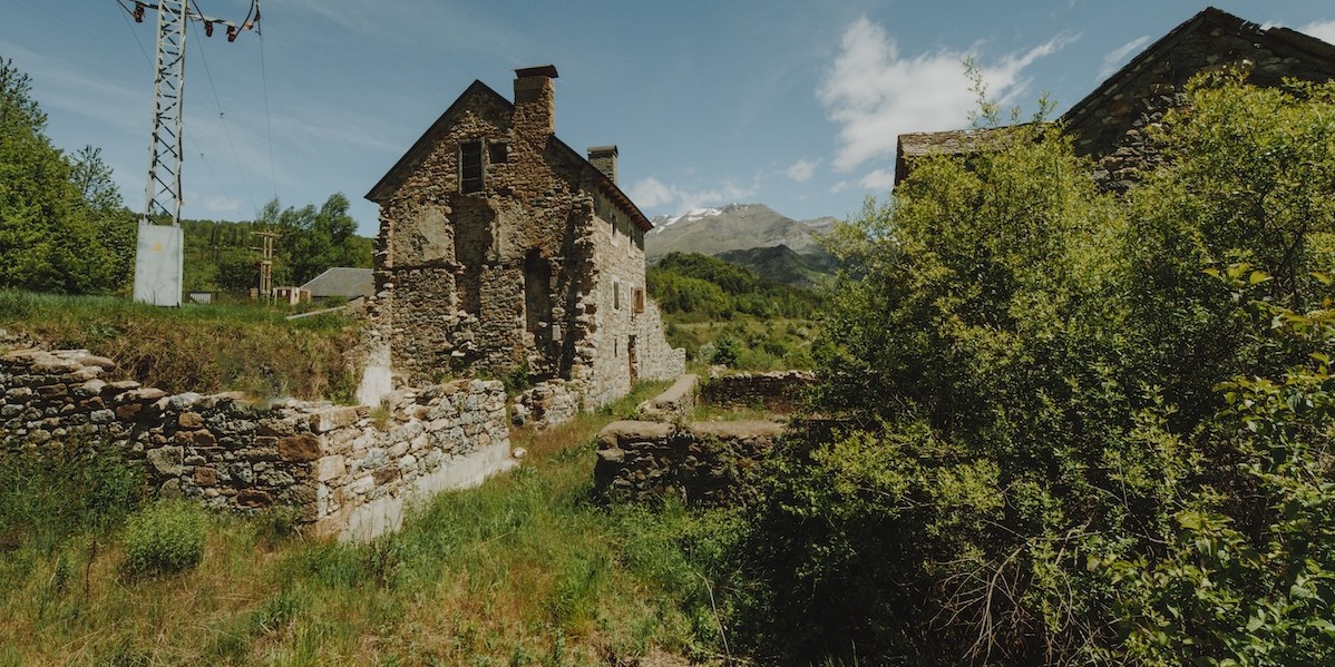 Paesaggio soleggiato, campo con rudere