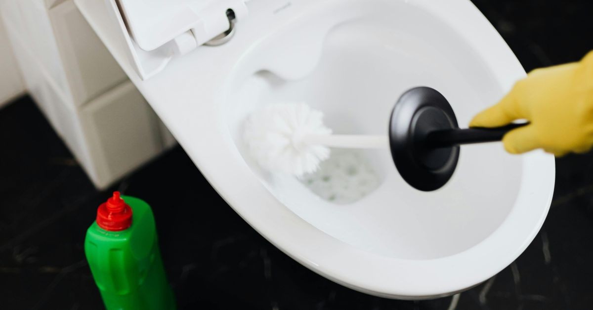 persona che pulisce l'interno del WC
