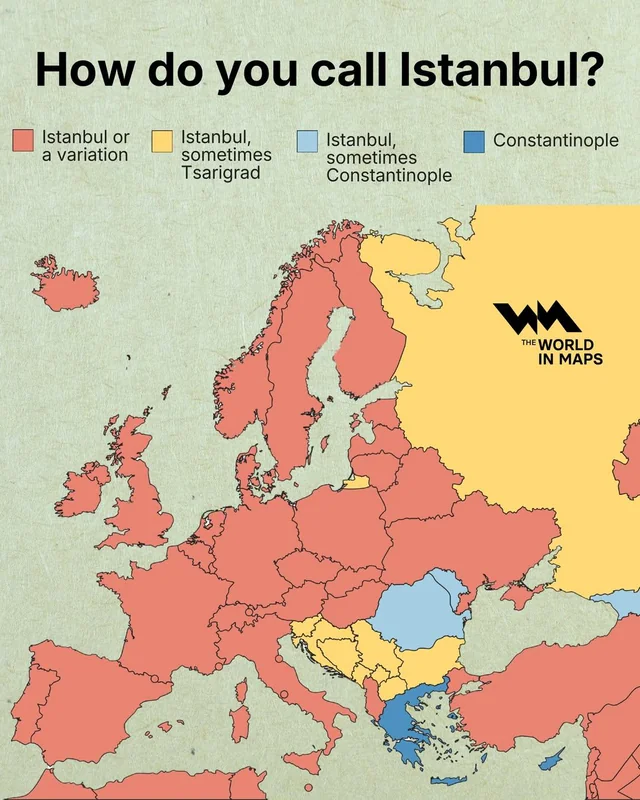 Mappa dell'Europa che mostra i diversi nomi attribuiti a Istanbul