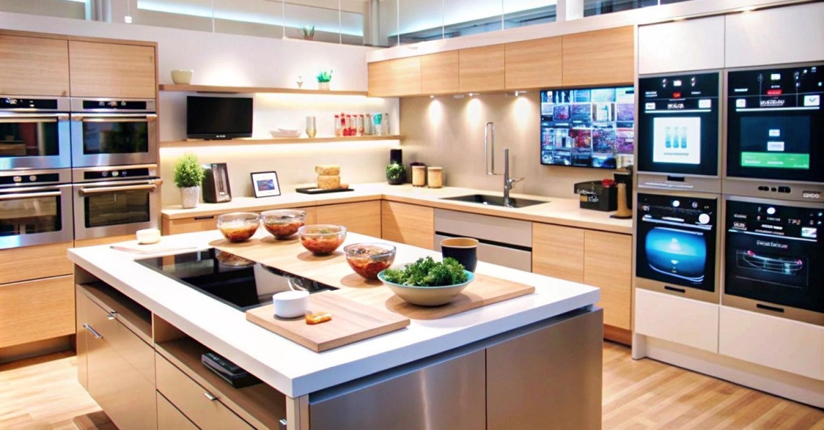 Una cucina moderna con molte luci accese