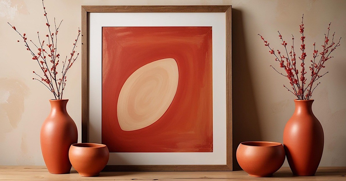 Quadro con sfondo rosso e cornice marrone