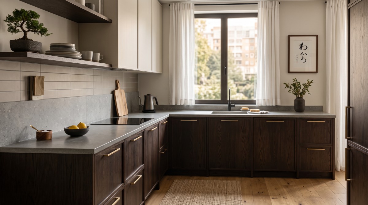 Cucina minimalista in stile giapponese con piano di lavoro trasparente