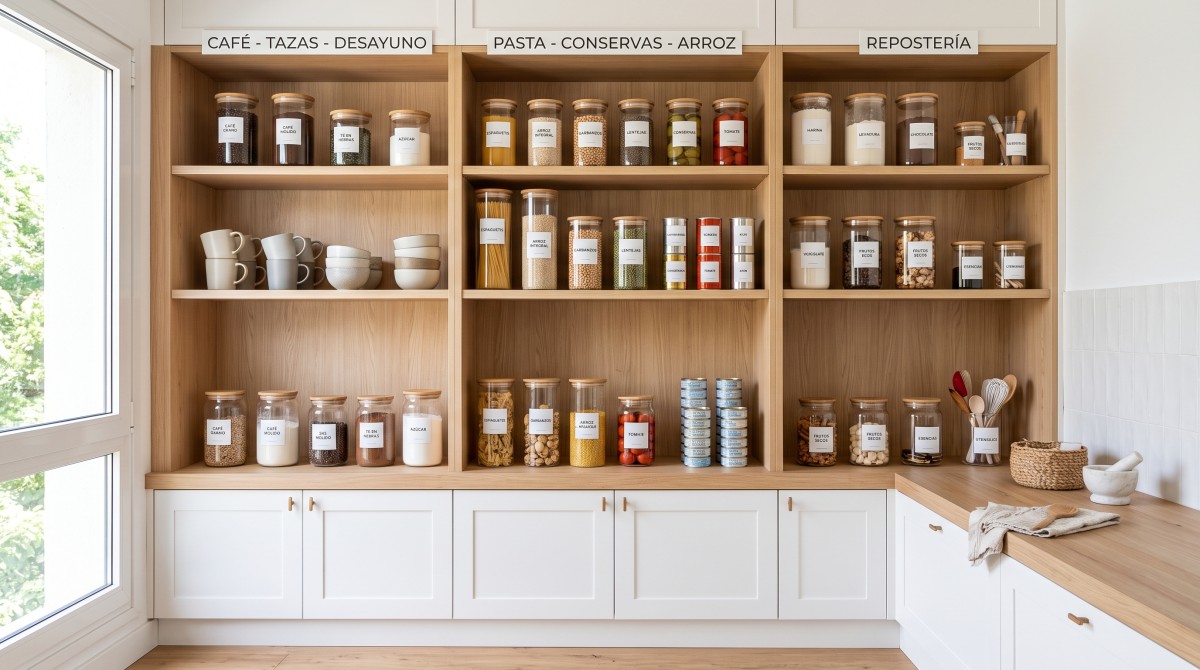 Armadi a giorno con contenitori trasparenti e categorie ben organizzate in stile nordico scandinavo