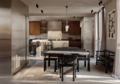 Pareti in stucco texturizzato, mobili in legno di noce e acciaio inossidabile