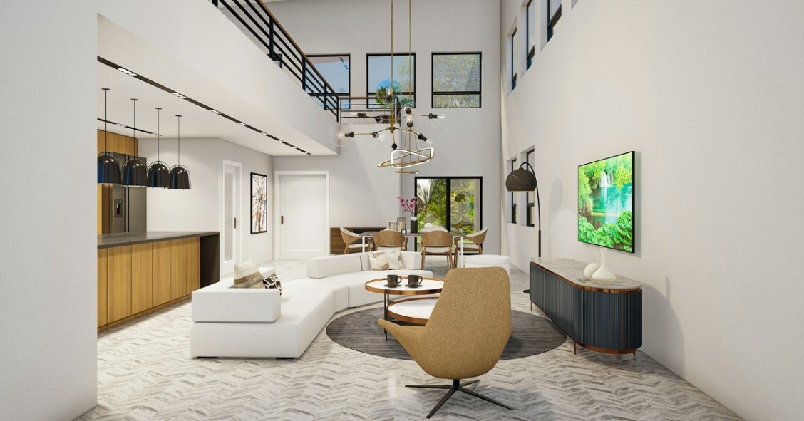 Un grande soggiorno arredato